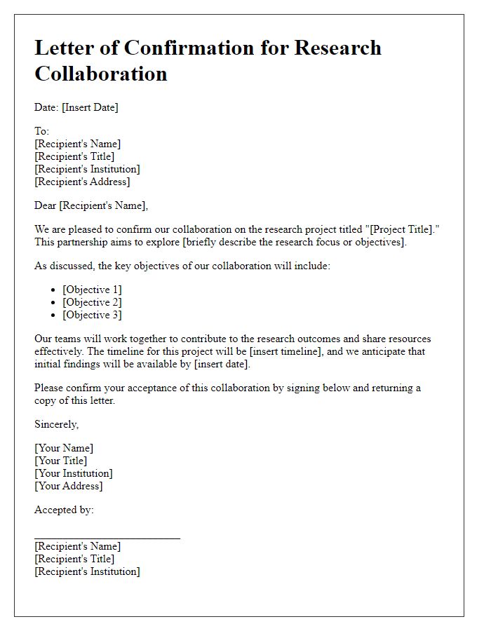 Letter template of confirmation for research collaboration partnership.