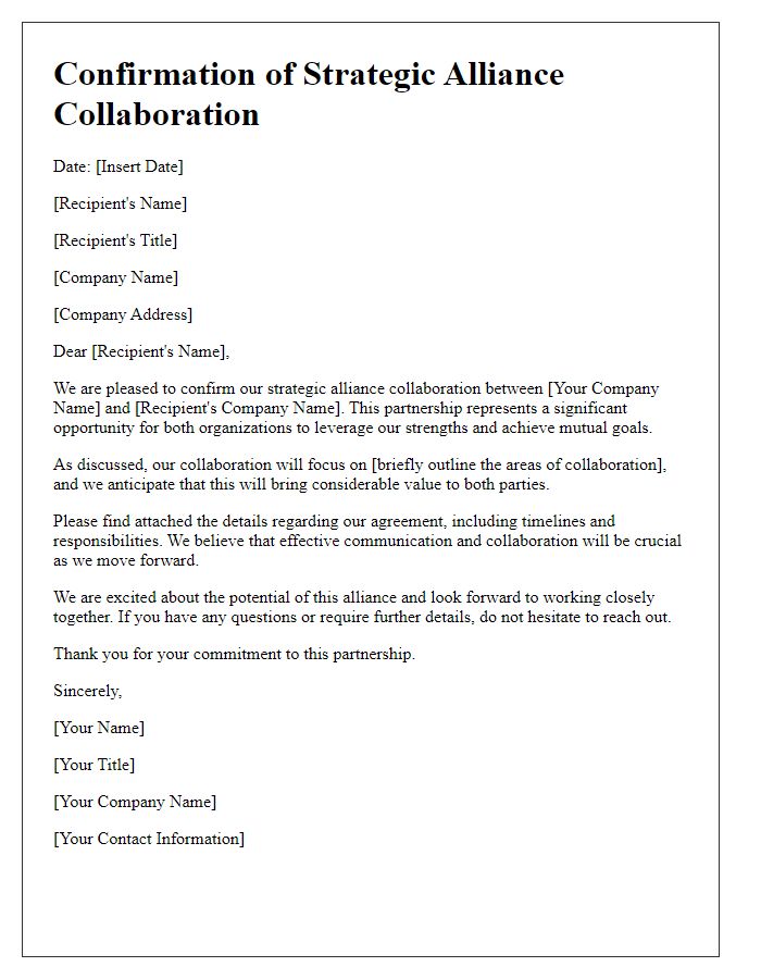 Letter template of confirmation for strategic alliance collaboration.