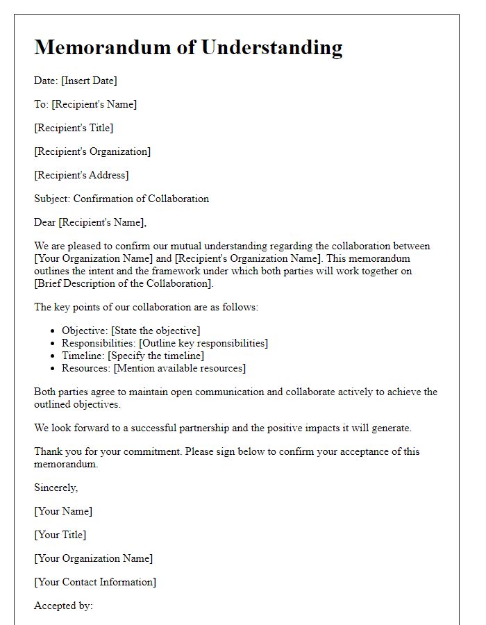 Letter template of memorandum of understanding collaboration confirmation.