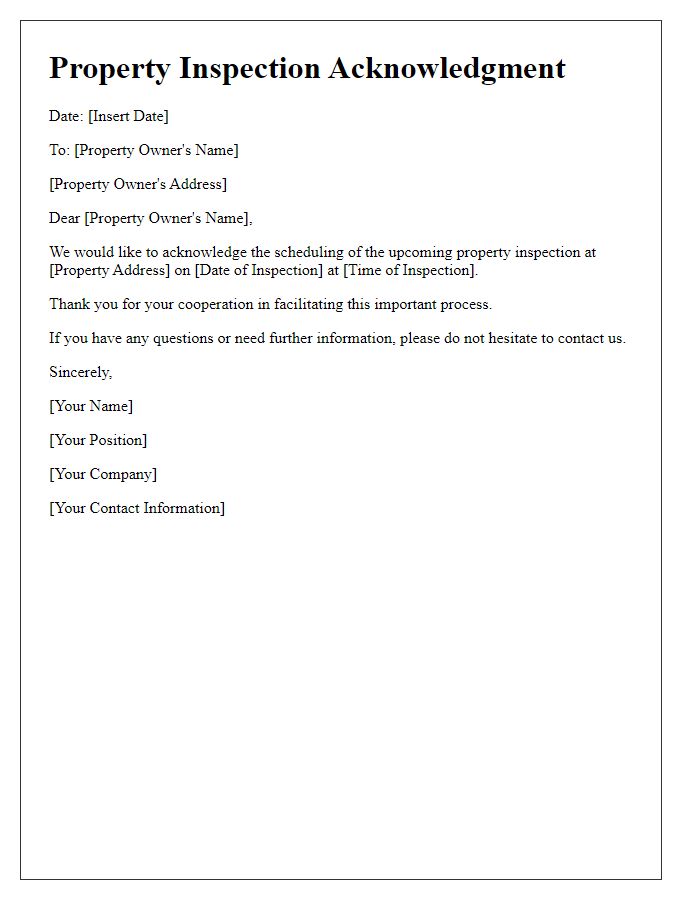 Letter template of acknowledgment for upcoming property inspection