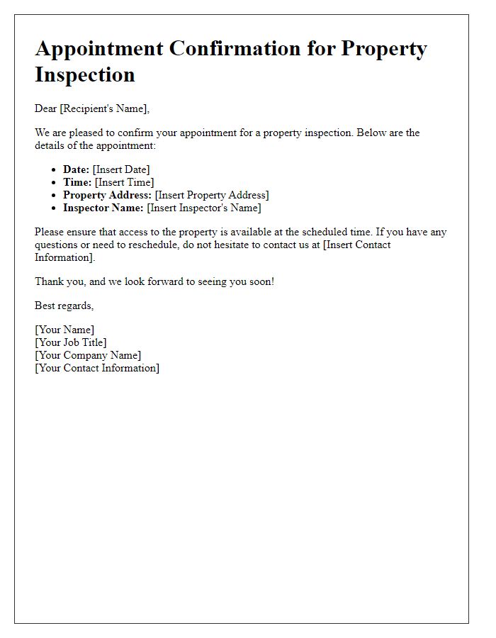 Letter template of appointment confirmation for property inspection