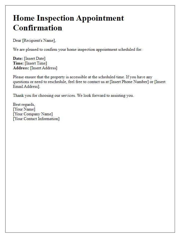 Letter template of confirmation for home inspection appointment