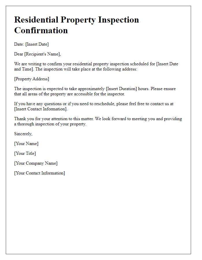 Letter template of confirmation for residential property inspection