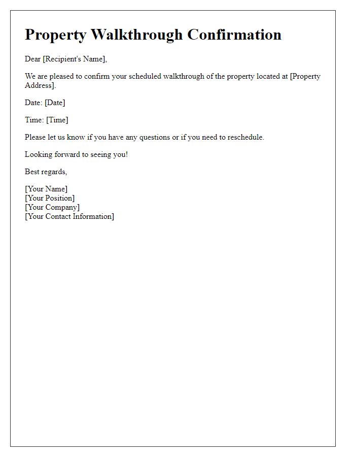 Letter template of confirmation for scheduled property walkthrough