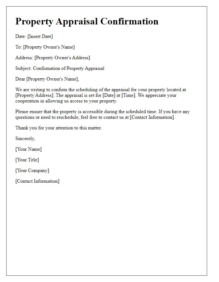 Letter template of notice for property appraisal confirmation