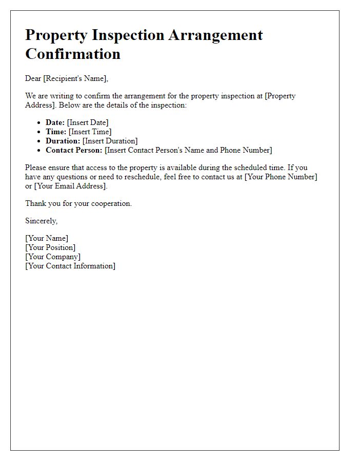 Letter template of property inspection arrangement confirmation