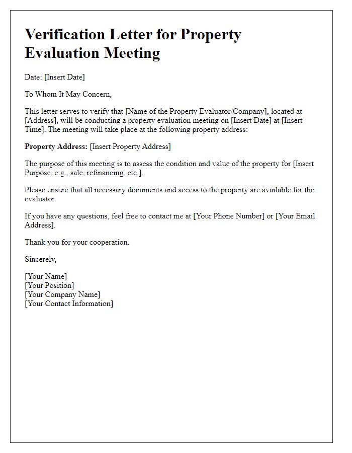 Letter template of verification for property evaluation meeting