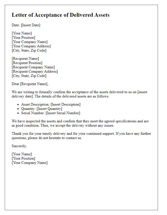 Letter template of Acceptance of Delivered Assets