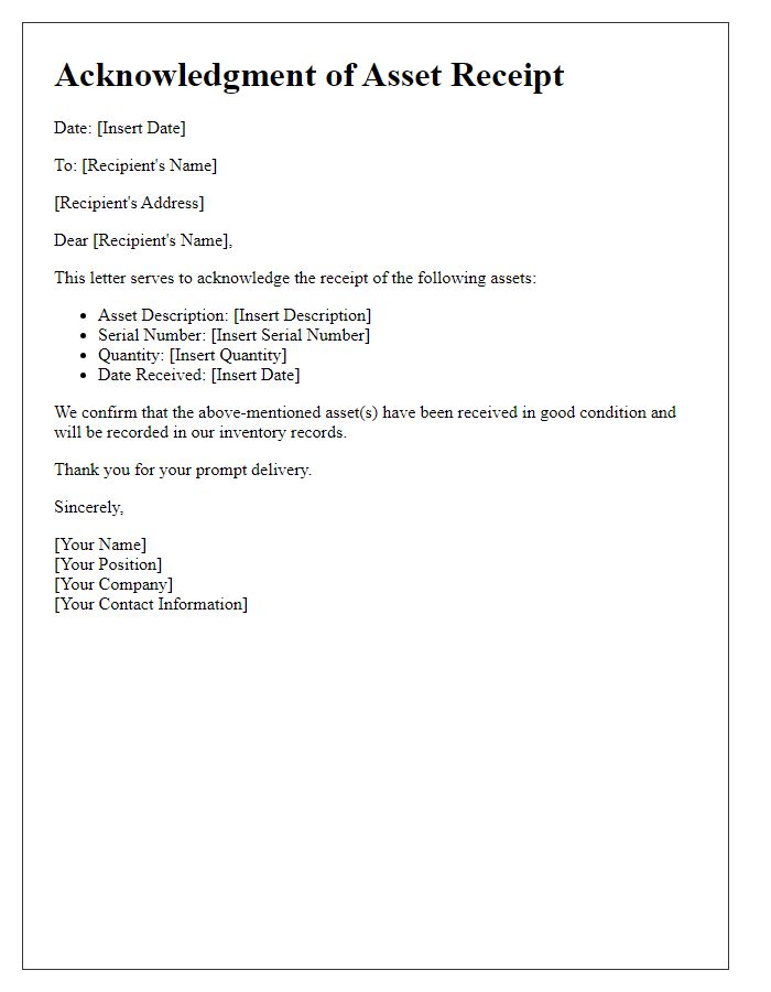 Letter template of Acknowledgment for Asset Receipt