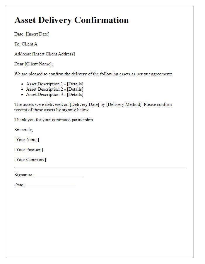 Letter template of Asset Delivery Confirmation for Client A