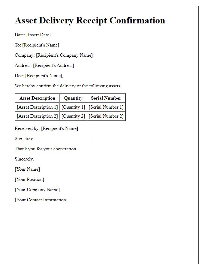 Letter template of Asset Delivery Receipt Confirmation