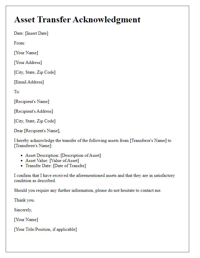 Letter template of Asset Transfer Acknowledgment