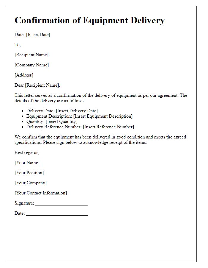 Letter template of Confirmation of Equipment Delivery