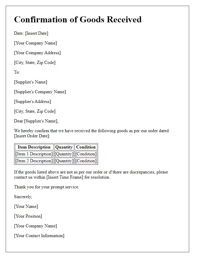 Letter template of Confirmation of Goods Received