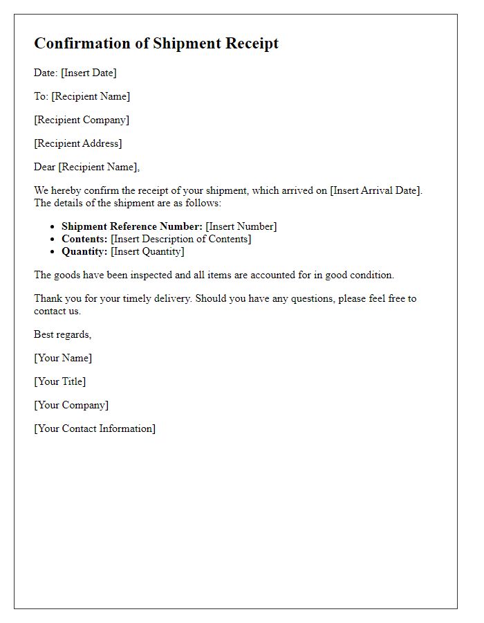 Letter template of Confirmation of Shipment Receipt