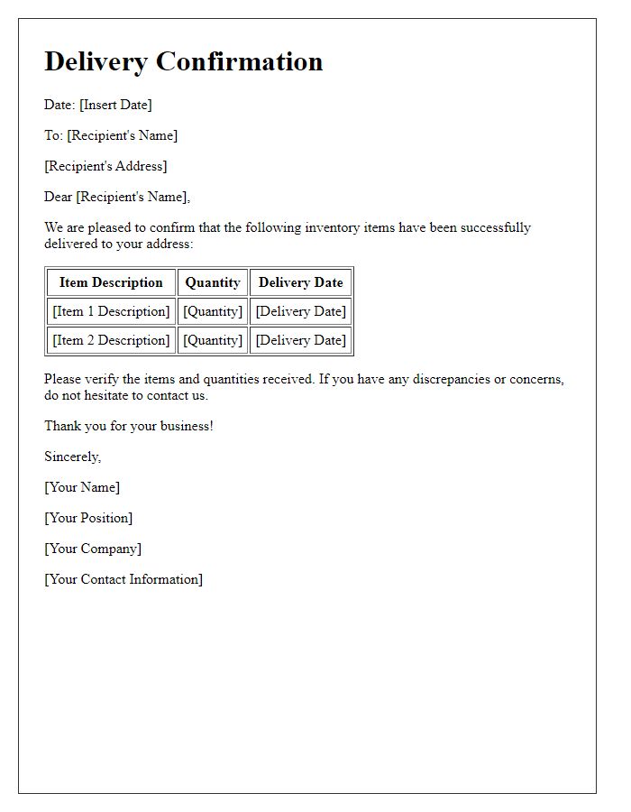 Letter template of Delivery Confirmation for Inventory Items