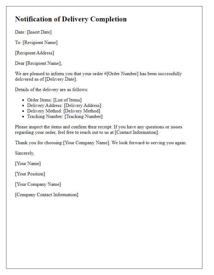 Letter template of Notification of Delivery Completion