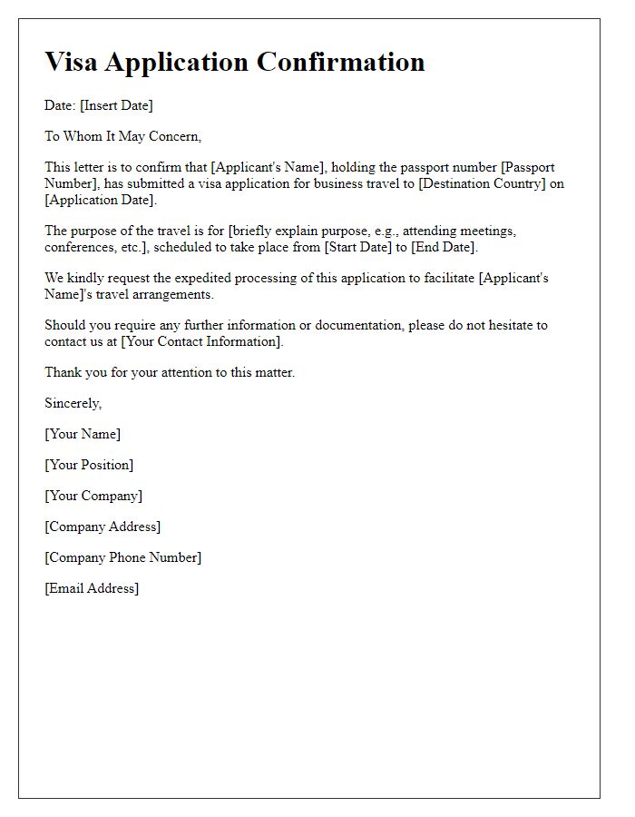 Letter template of visa application confirmation for business travel