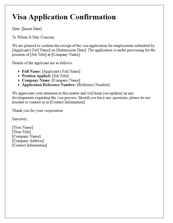 Letter template of visa application confirmation for employment