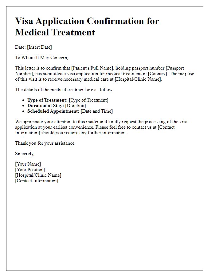 Letter template of visa application confirmation for medical treatment