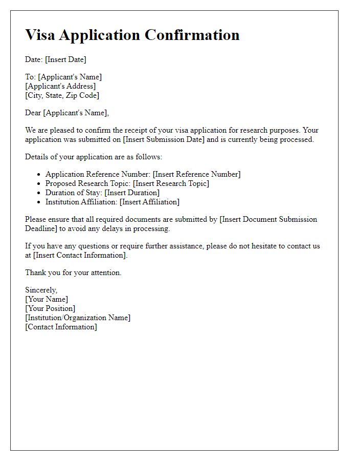 Letter template of visa application confirmation for research purposes