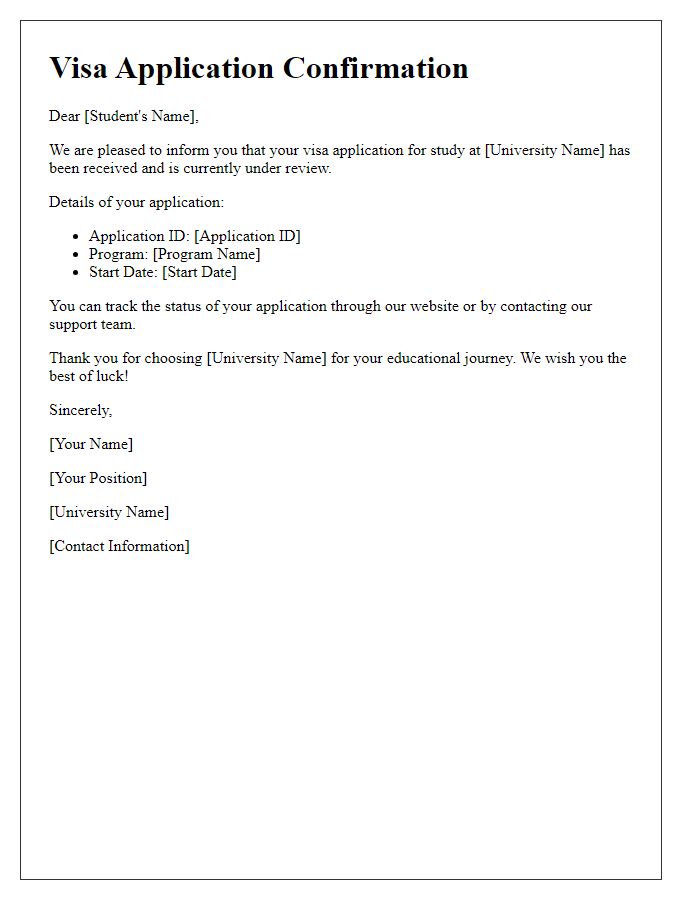 Letter template of visa application confirmation for students