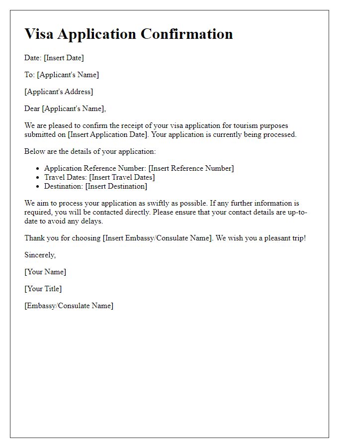 Letter template of visa application confirmation for tourism