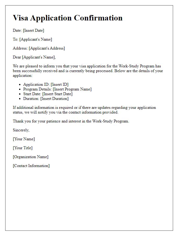 Letter template of visa application confirmation for work-study programs