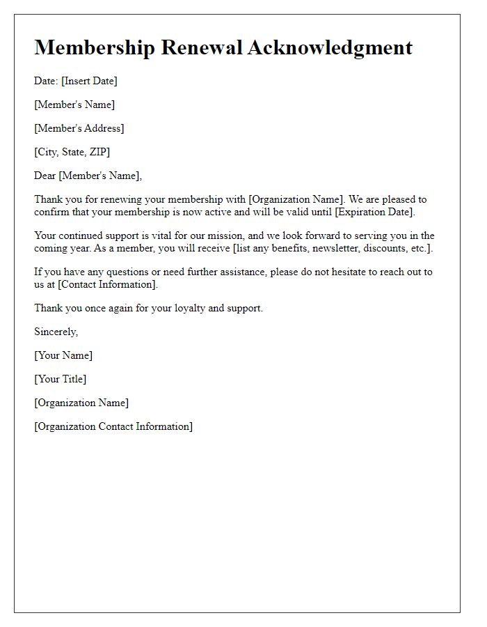 Letter template of Membership Renewal Acknowledgment