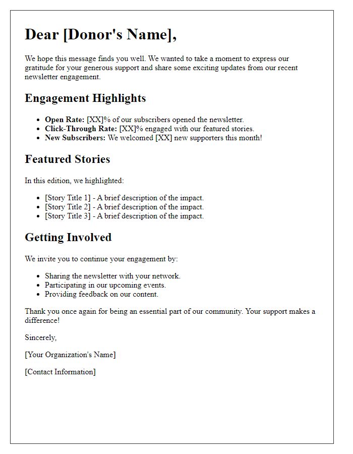 Letter template of donor newsletter engagement summary