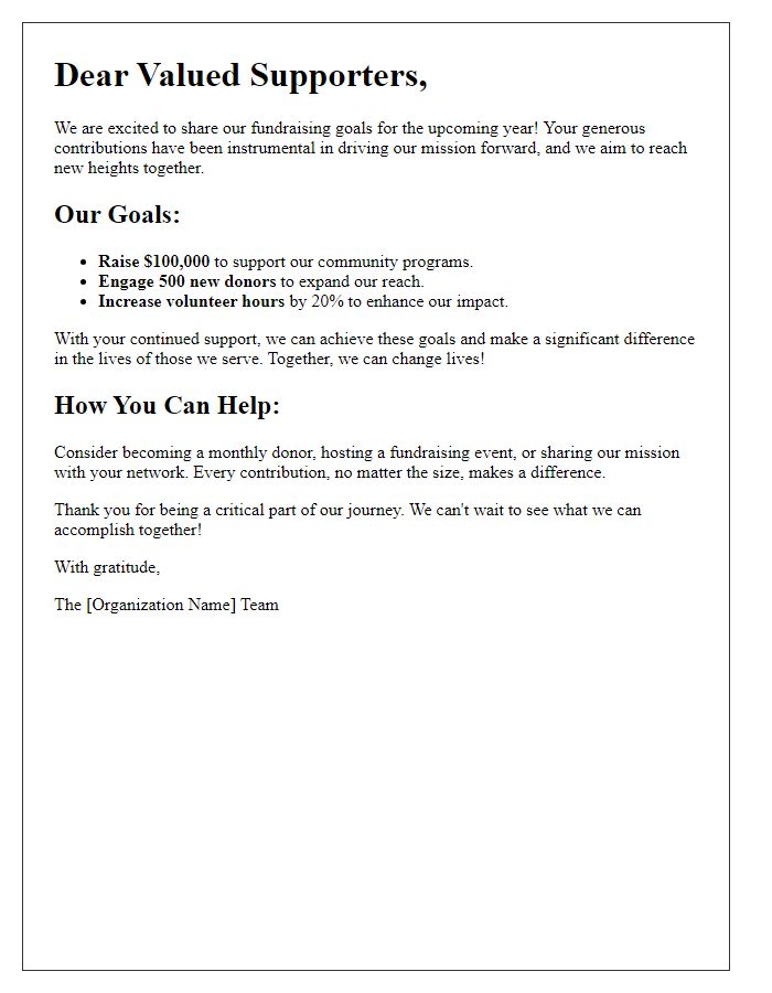 Letter template of donor newsletter fundraising goals