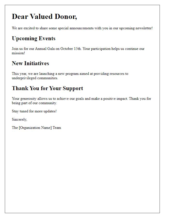 Letter template of donor newsletter special announcements