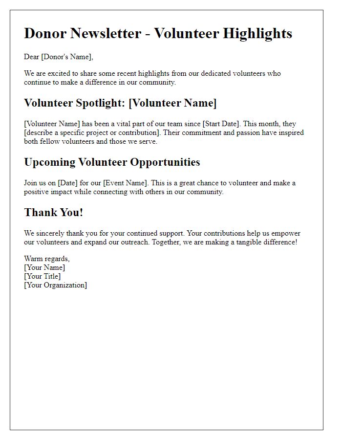 Letter template of donor newsletter volunteer highlights