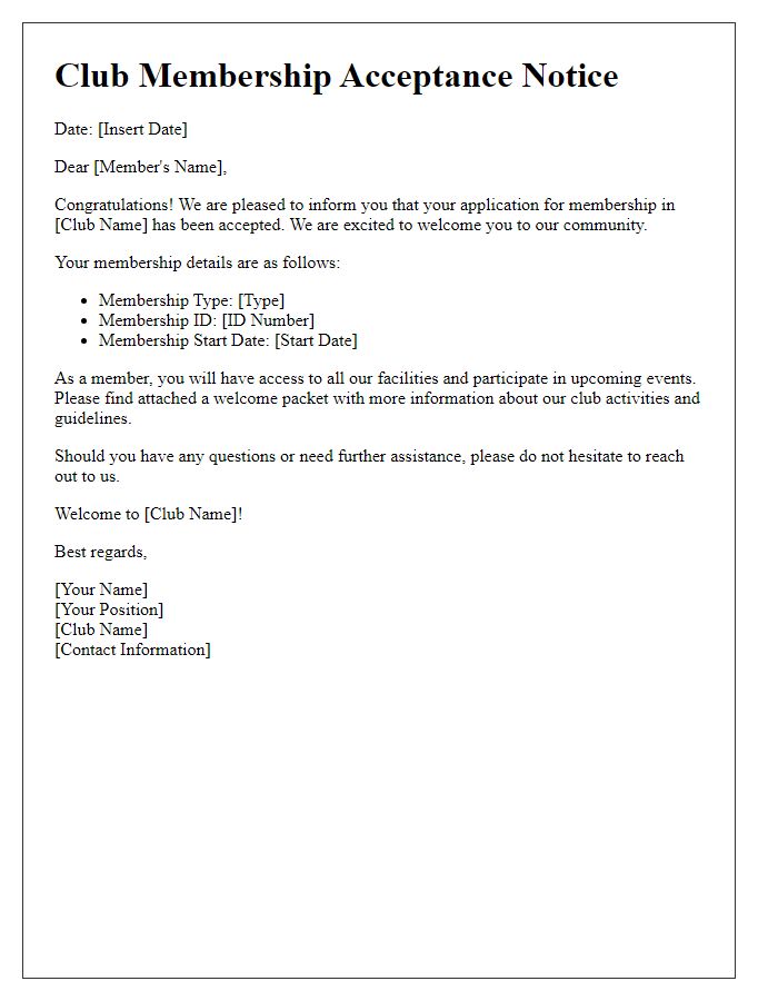 Letter template of club membership acceptance notice