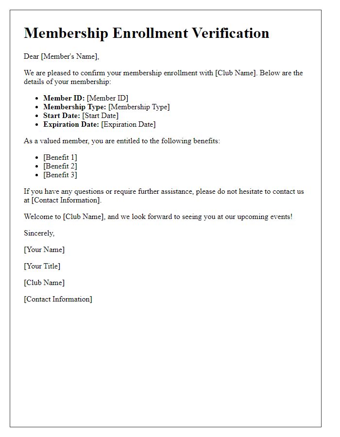 Letter template of club membership enrollment verification