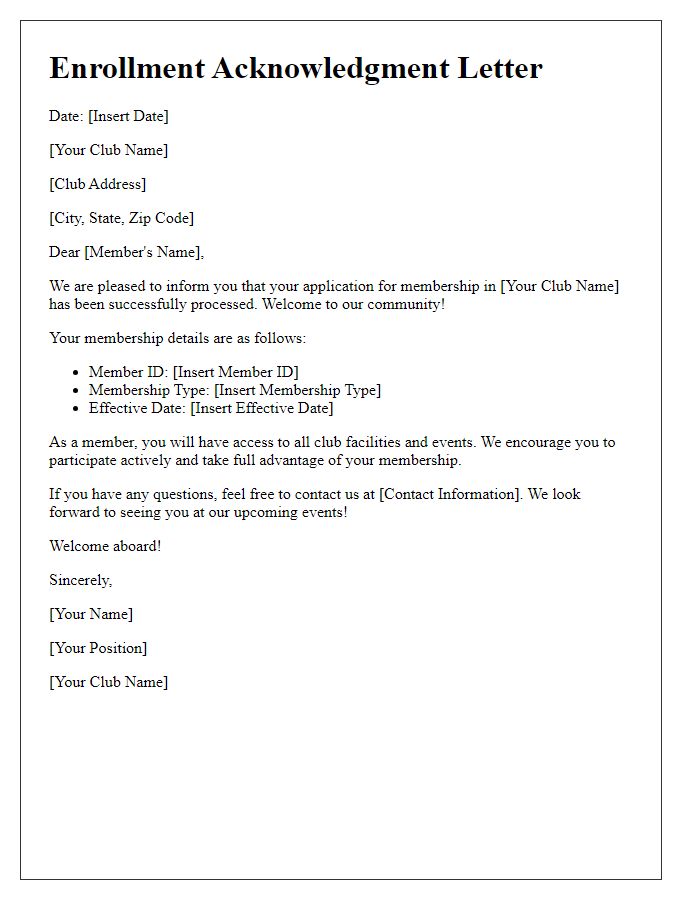 Letter template of enrollment acknowledgment for club membership