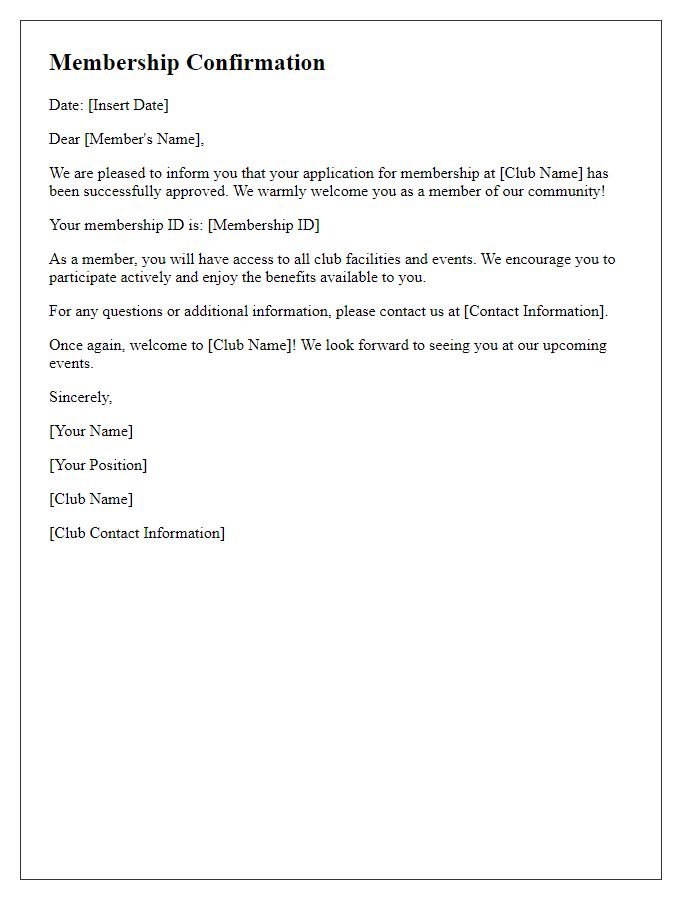 Letter template of membership confirmation for club enrollment