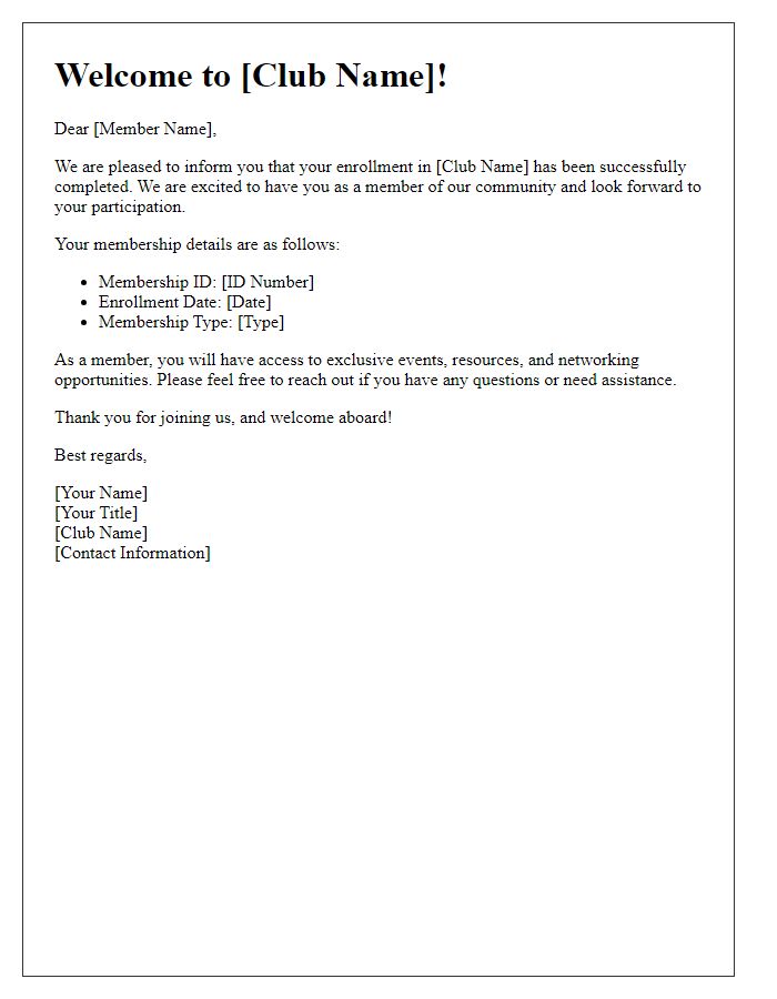 Letter template of successful enrollment for club members