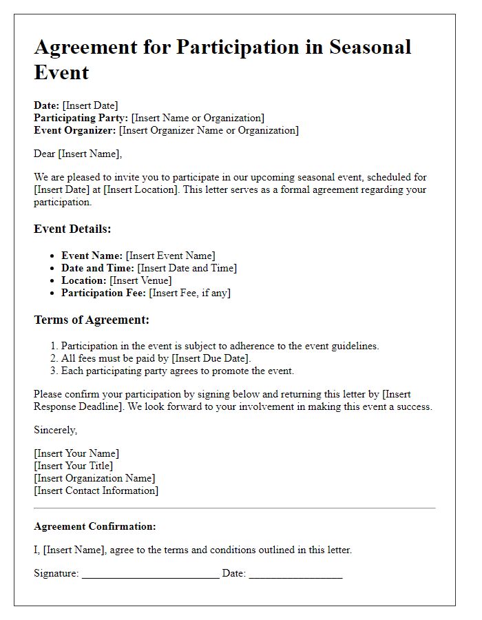 Letter template of agreement for participation in seasonal event.