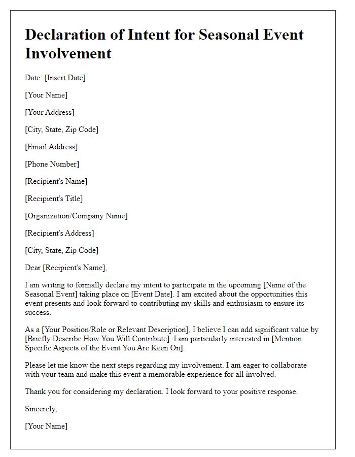 Letter template of declaration of intent for seasonal event involvement.