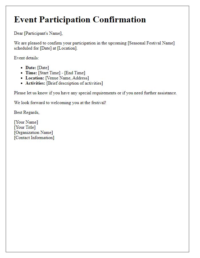 Letter template of event participation confirmation for seasonal festival.