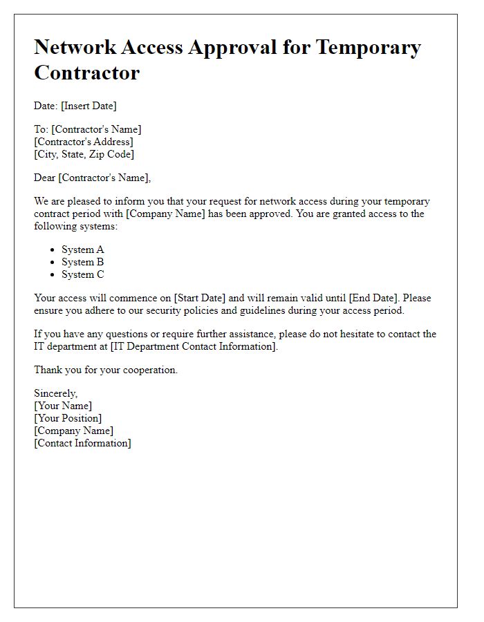 Letter template of network access approval for temporary contractors.