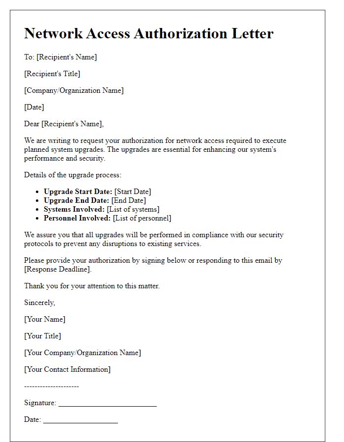 Letter template of network access authorization for system upgrades.