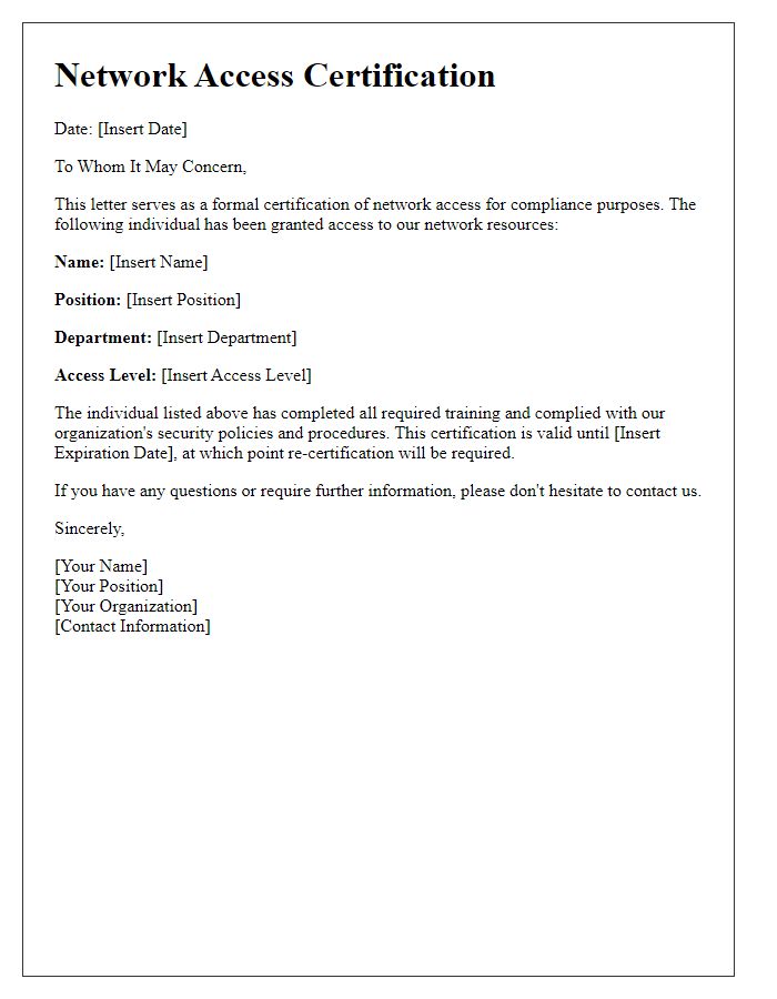 Letter template of network access certification for compliance purposes.