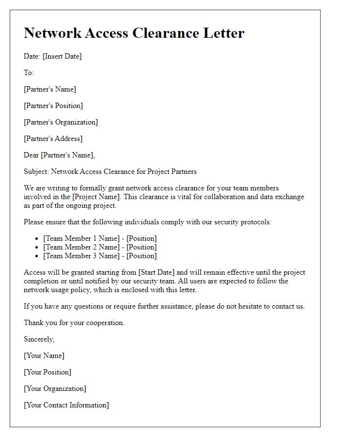 Letter template of network access clearance for project partners.