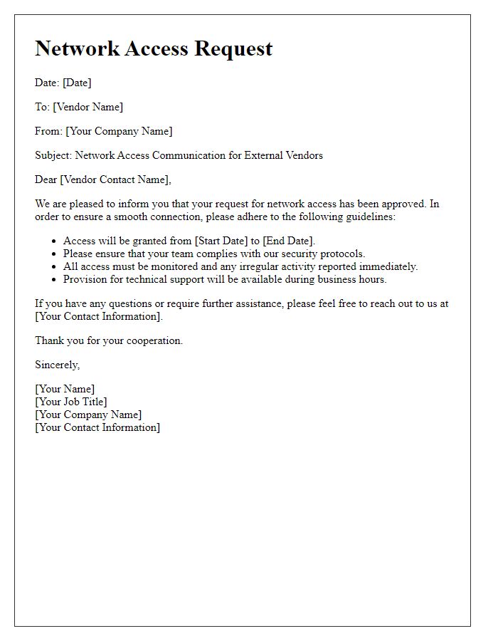 Letter template of network access communication for external vendors.