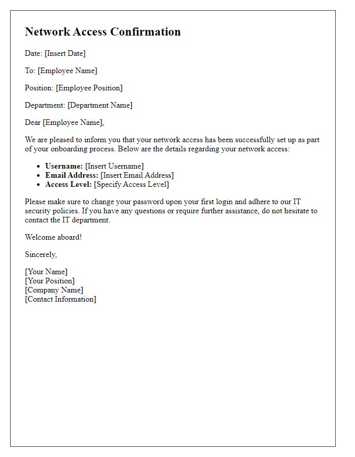 Letter template of network access confirmation for new employees.