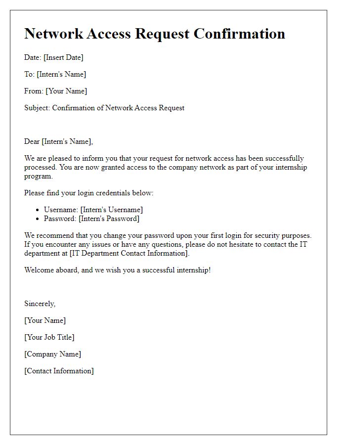 Letter template of network access request confirmation for interns.