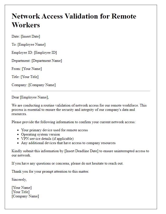 Letter template of network access validation for remote workers.