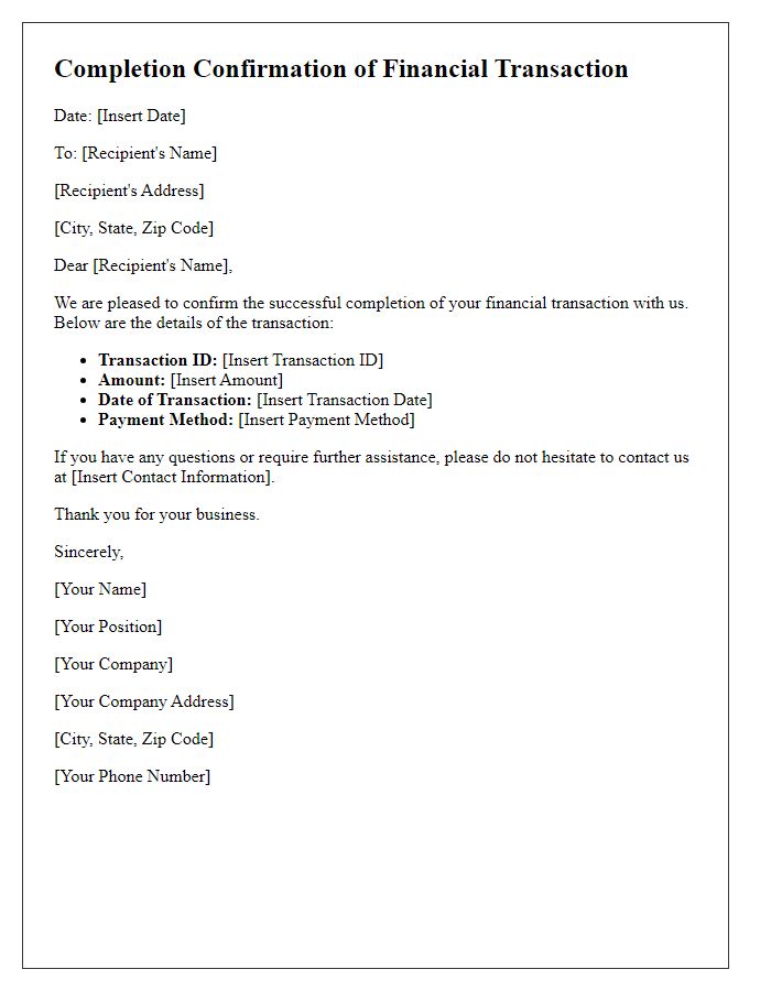 Letter template of completion confirmation for financial transaction